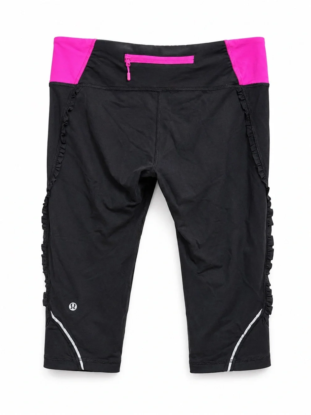 Lululemon Run in the Sun Crop Size 6 Black Pink Ruched Capri Leggings